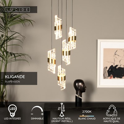 Lucide KLIGANDE - Suspension - Ø 30 cm - LED Dim. - 5x8W 2700K - Or Mat / Laiton
